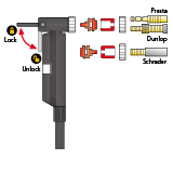 Works with Presta, Schrader or Dunlop valves